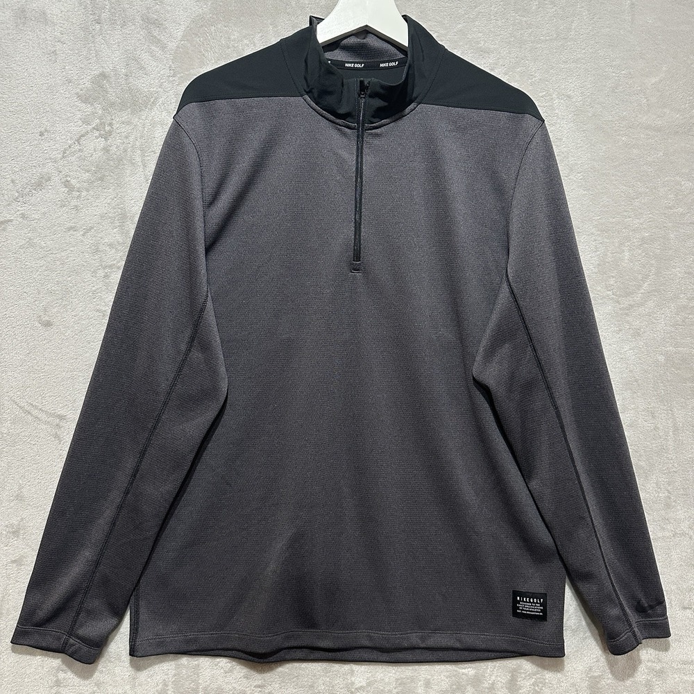 Nike Golf Dri-Fit Men's L Stretch Black & Gray 1/4 Zip Athletic Shirt Logo